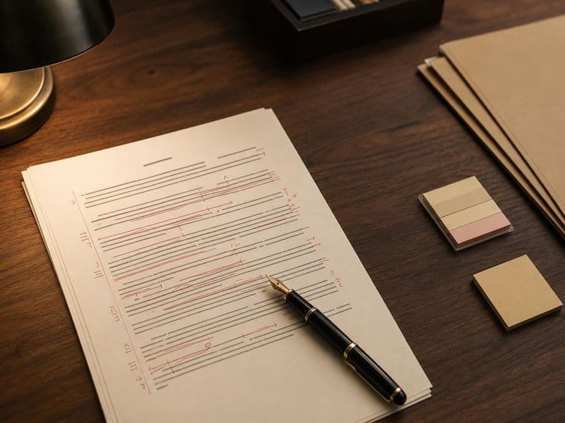 Printed contract with redline edits on a warm desk beside a fountain pen
