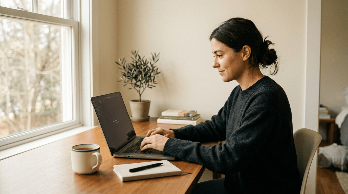 Person writing on a laptop at a minimal desk, focused and in flow