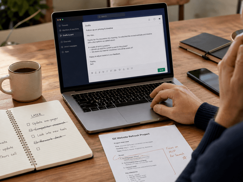 A person prioritizing work at a Mac beside handwritten do-now and later lists and a marked-up project brief