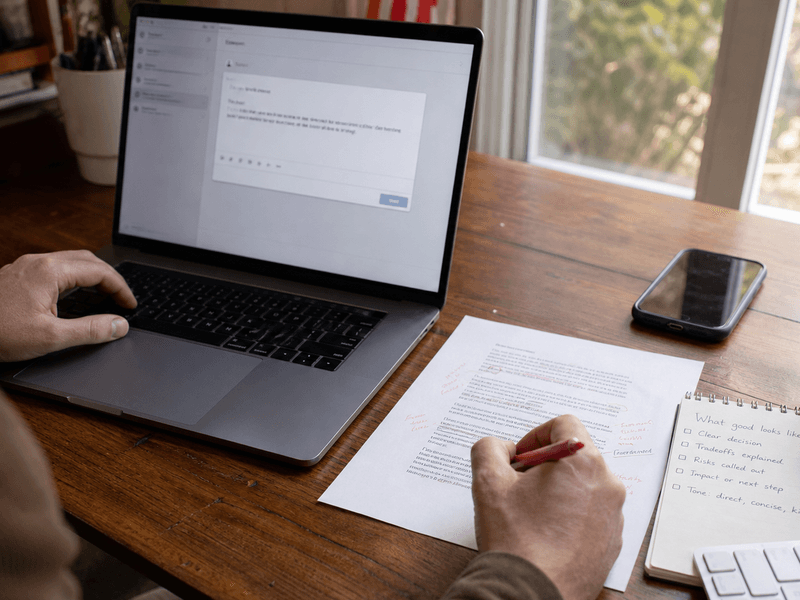 A person editing a marked-up document beside a MacBook and a notebook checklist titled What good looks like